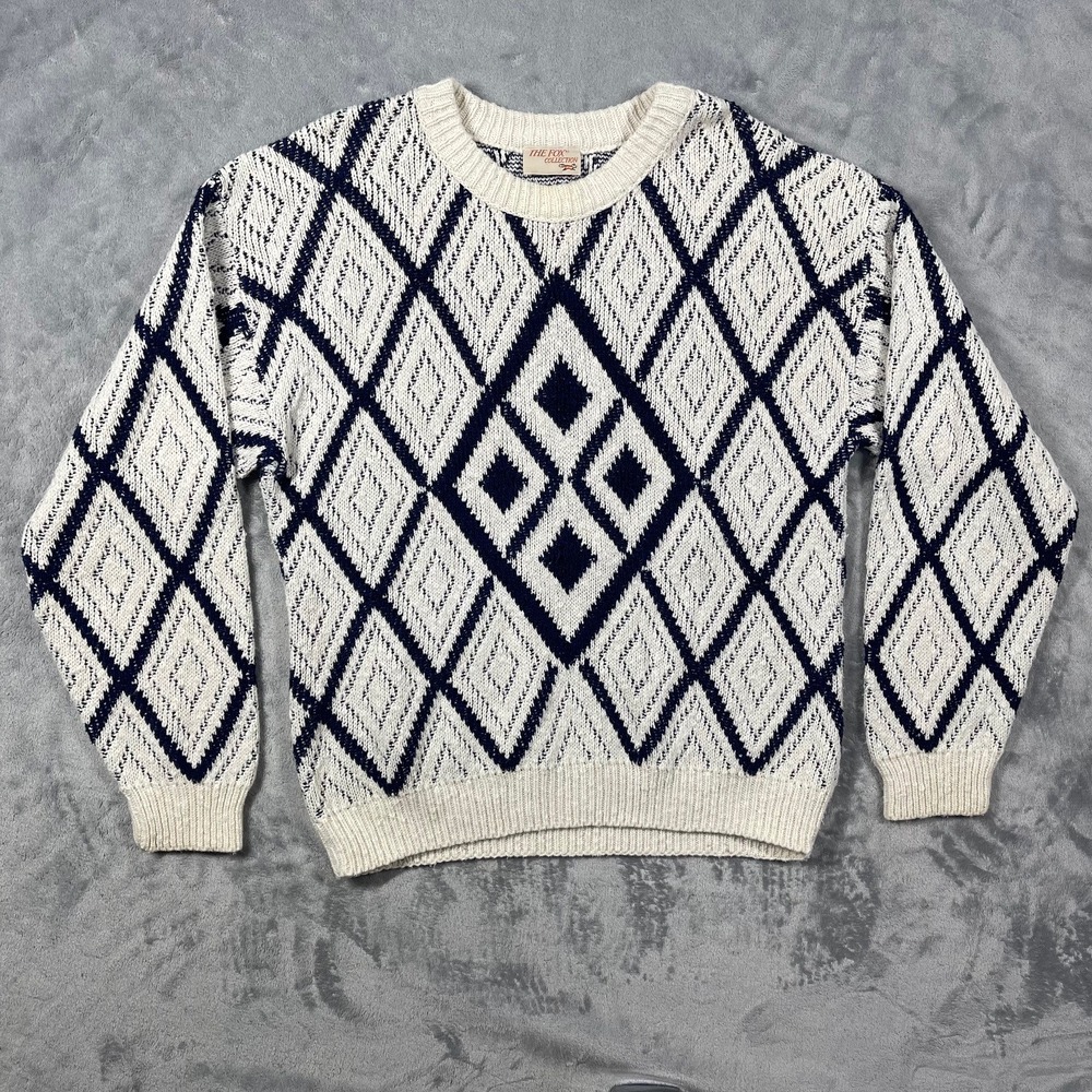 The Fox Collection Vintage Mens Large Diamond Knit Cotton Sweater Navy Cream USA